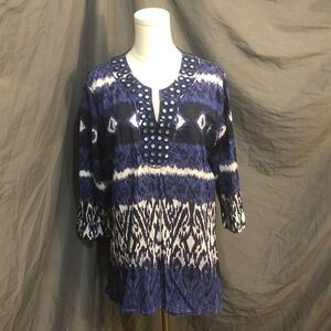 Chico's Navy and White Tunic with Patterned Design
